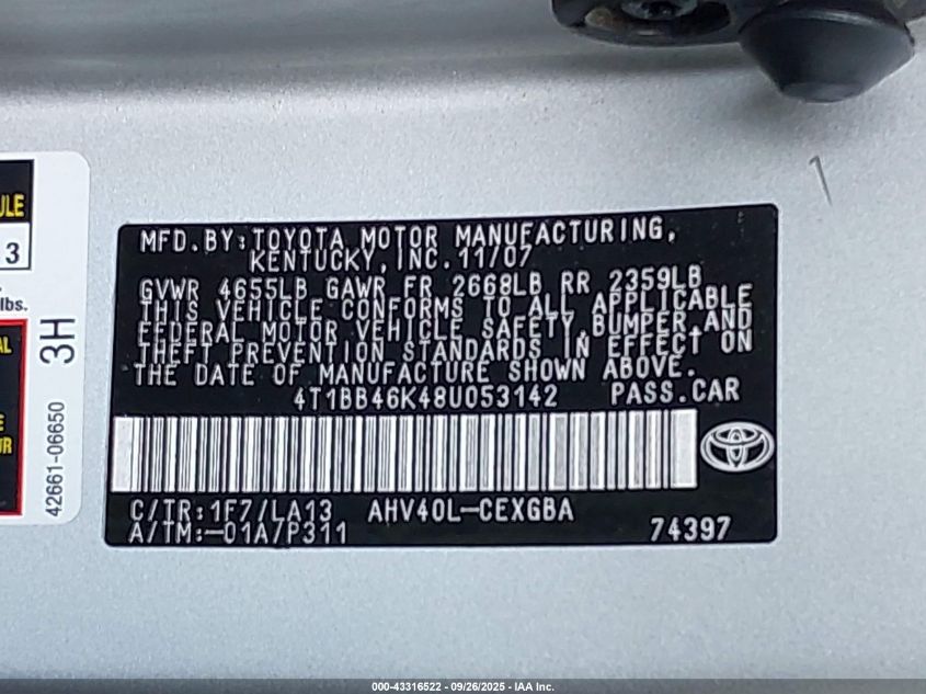 2008 Toyota Camry Hybrid VIN: 4T1BB46K48U053142 Lot: 43316522