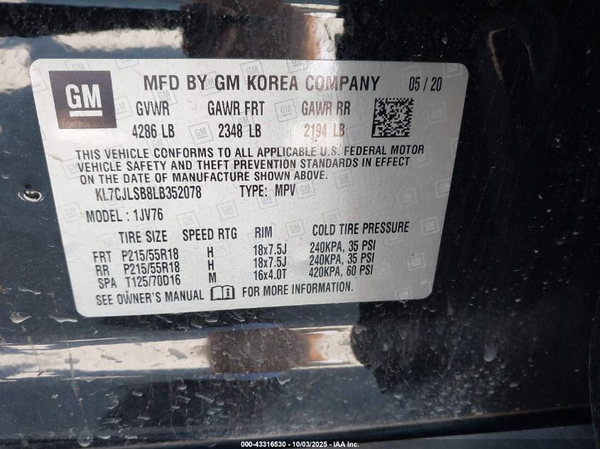 2020 Chevrolet Trax Fwd Lt VIN: KL7CJLSB8LB352078 Lot: 43316530