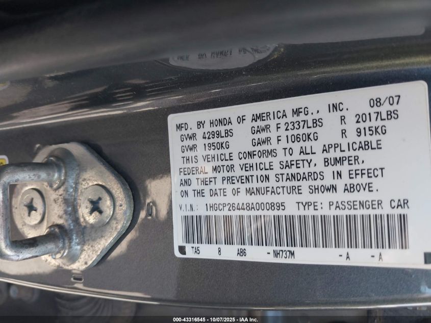 2008 Honda Accord 2.4 Lx-P VIN: 1HGCP26448A000895 Lot: 43316545