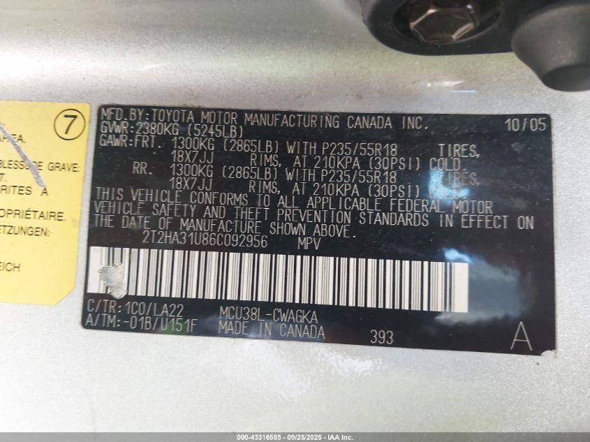 2006 Lexus Rx 330 VIN: 2T2HA31U86C092956 Lot: 43316555