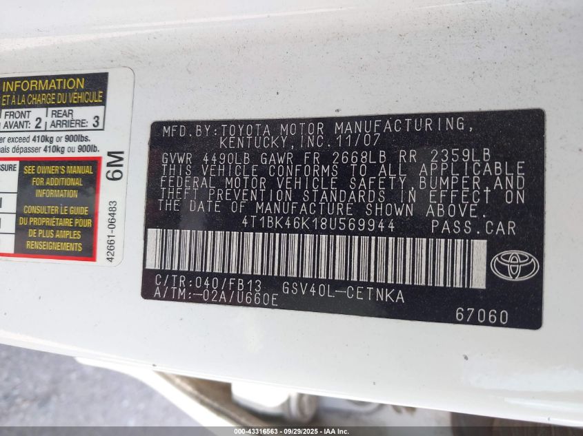 2008 Toyota Camry Le V6 VIN: 4T1BK46K18U569944 Lot: 43316563