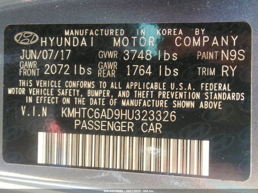 2017 Hyundai Veloster VIN: KMHTC6AD9HU323326 Lot: 43316568