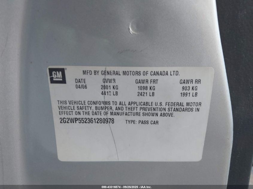 2006 Pontiac Grand Prix VIN: 2G2WP552361280978 Lot: 43316574