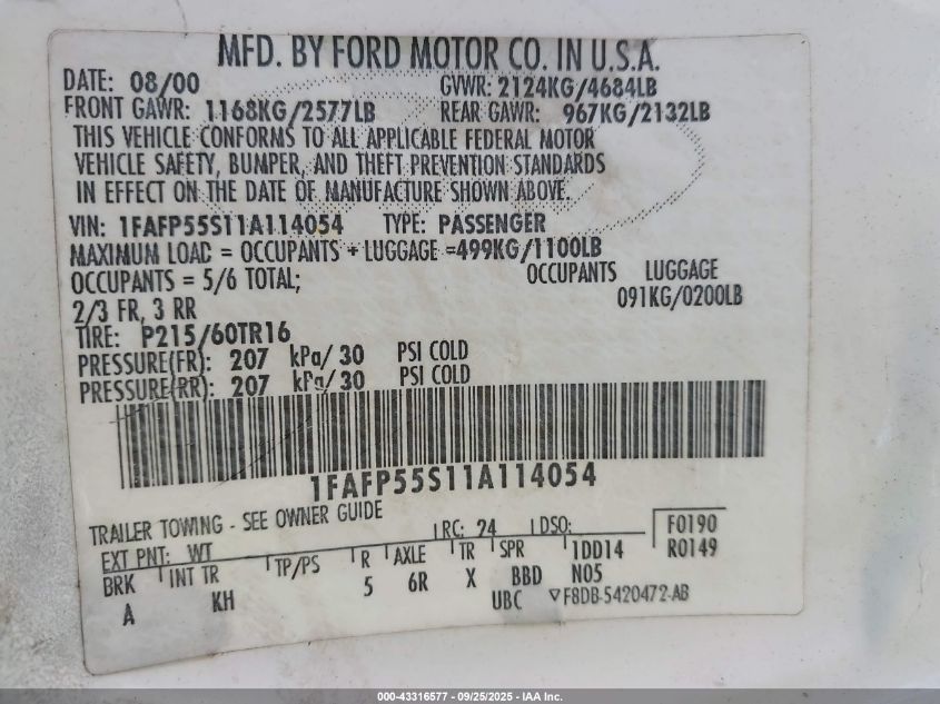 2001 Ford Taurus Ses VIN: 1FAFP55S11A114054 Lot: 43316577