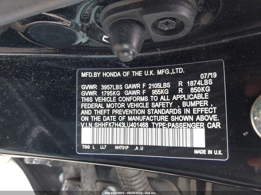 2020 HONDA CIVIC SPORT - SHHFK7H43LU401468