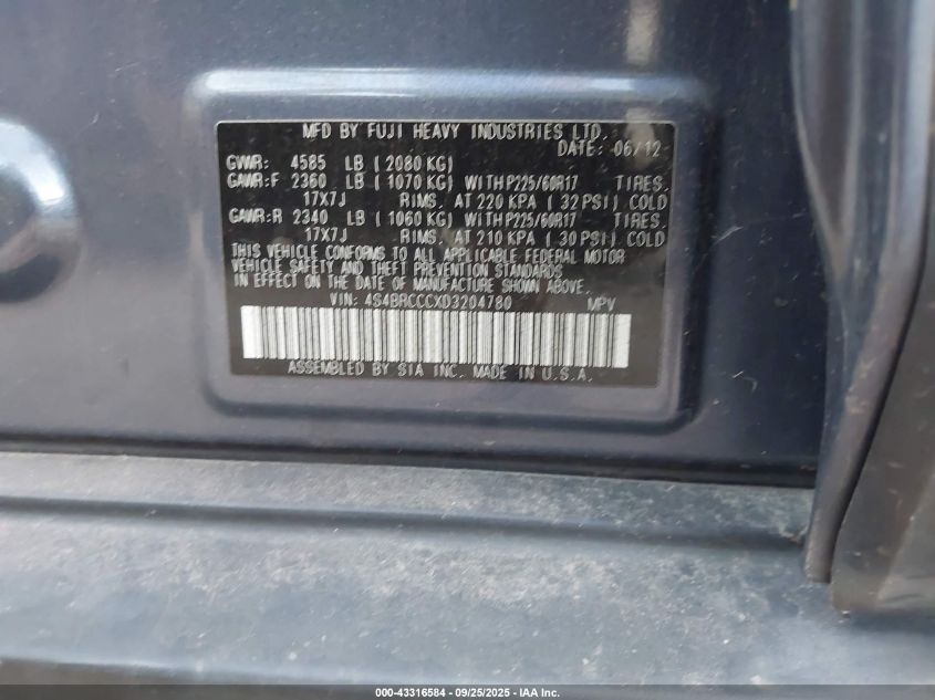 2013 Subaru Outback 2.5I Premium VIN: 4S4BRCCCXD3204780 Lot: 43316584