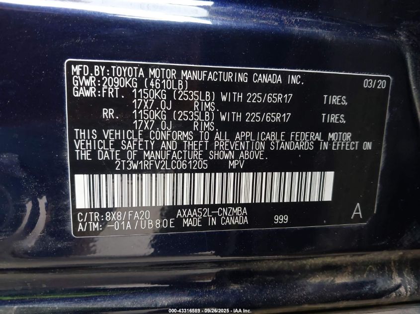 2020 Toyota Rav4 Xle VIN: 2T3W1RFV2LC061205 Lot: 43316589