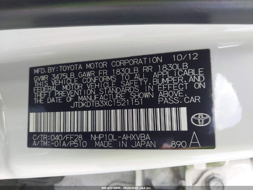 2012 Toyota Prius C Two VIN: JTDKDTB3XC1521151 Lot: 43316590