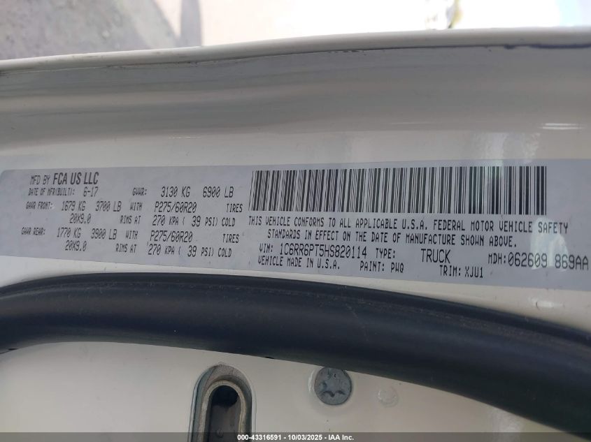 2017 Ram 1500 Longhorn 4X2 5'7 Box VIN: 1C6RR6PT5HS820114 Lot: 43316591