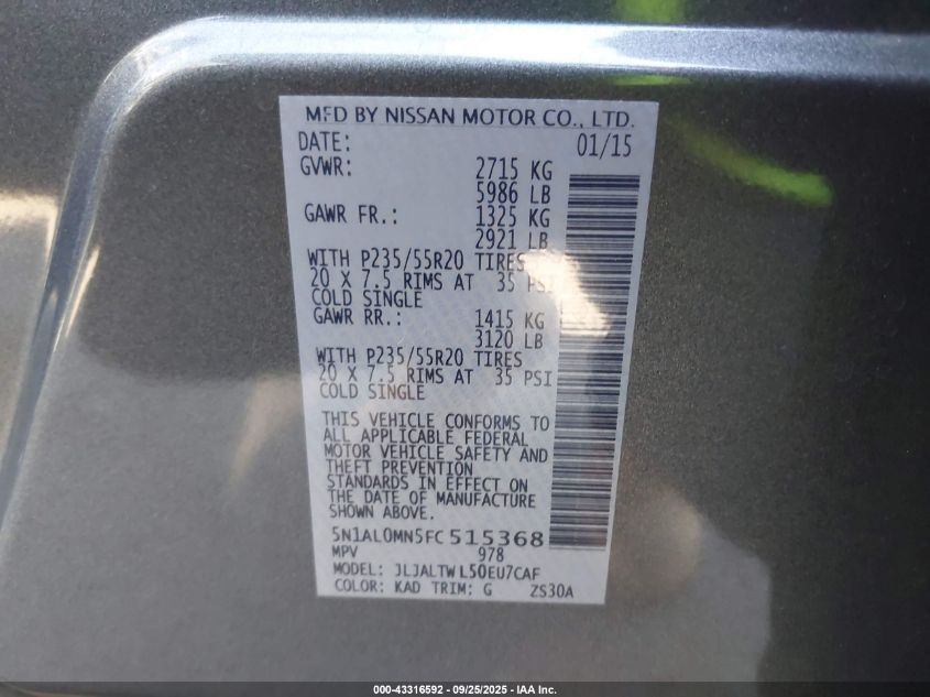 2015 Infiniti Qx60 VIN: 5N1AL0MN5FC515368 Lot: 43316592