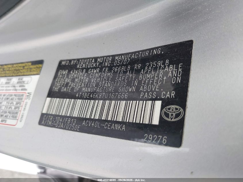 2007 Toyota Camry Le VIN: 4T1BE46K87U167666 Lot: 43316599