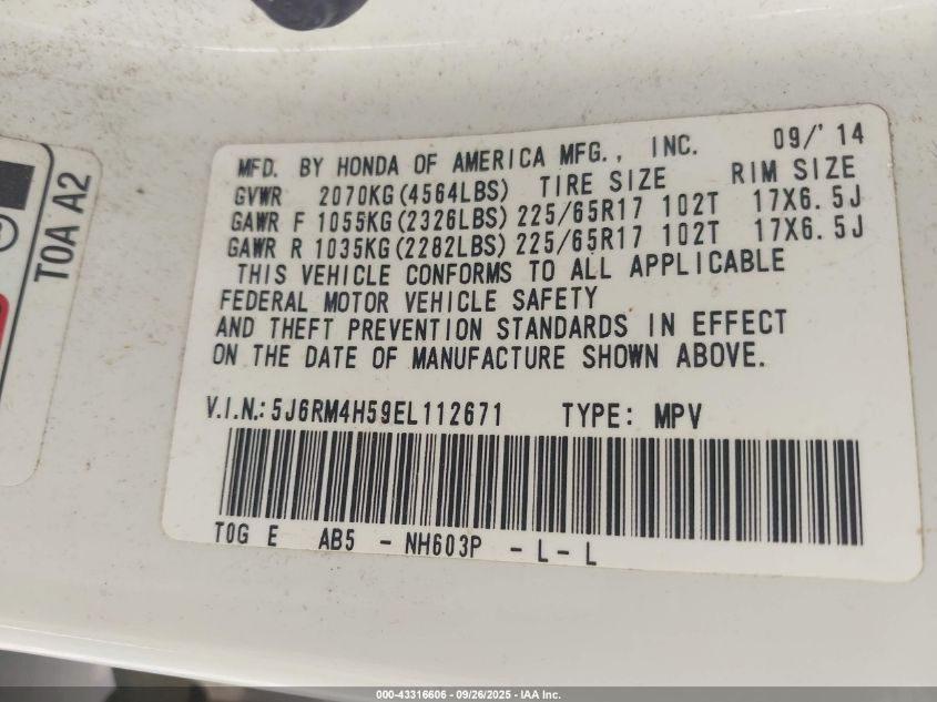 2014 Honda Cr-V Ex VIN: 5J6RM4H59EL112671 Lot: 43316606