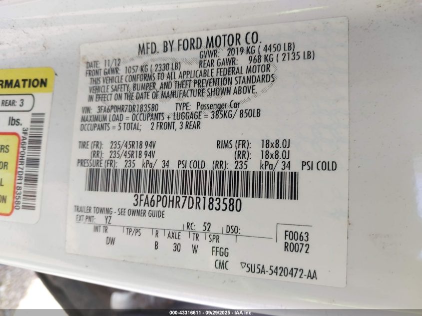 2013 Ford Fusion Se VIN: 3FA6P0HR7DR183580 Lot: 43316611