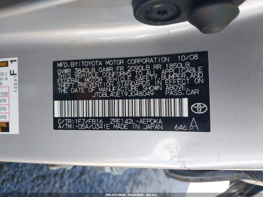 2009 Toyota Corolla Le VIN: JTDBL40E19J048049 Lot: 43316628