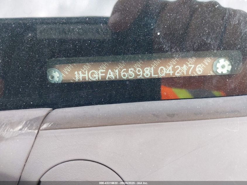 2008 Honda Civic Lx VIN: 1HGFA16598L042176 Lot: 43316630