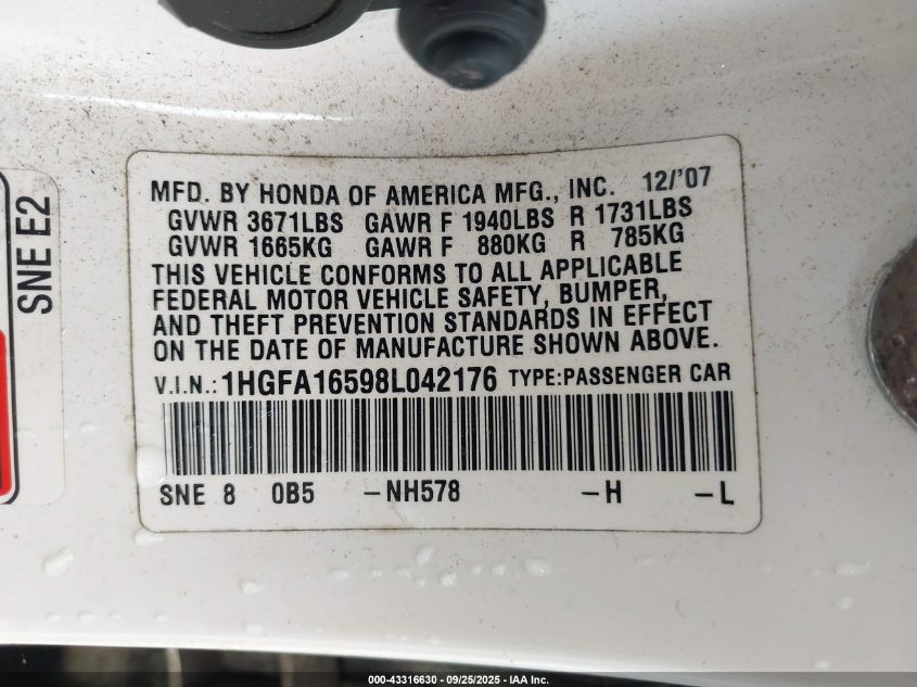 2008 Honda Civic Lx VIN: 1HGFA16598L042176 Lot: 43316630