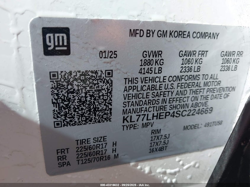 2025 CHEVROLET TRAX FWD LT KL77LHEP4SC224669