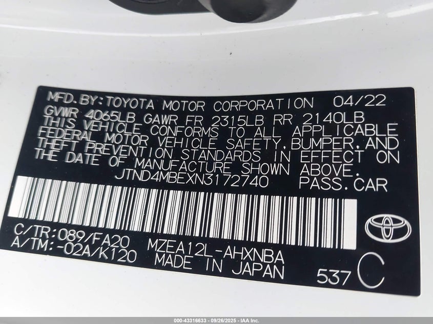 2022 TOYOTA COROLLA SE - JTND4MBEXN3172740