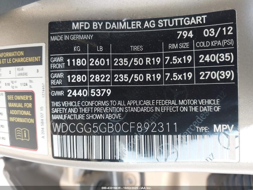 2012 Mercedes-Benz Glk 350 VIN: WDCGG5GB0CF892311 Lot: 43316639