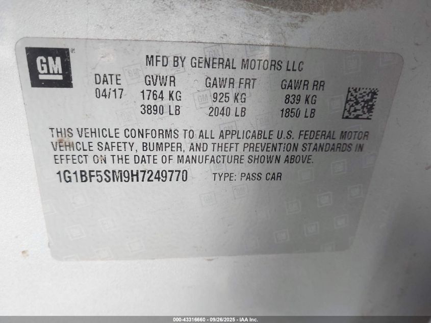 2017 Chevrolet Cruze Premier Auto VIN: 1G1BF5SM9H7249770 Lot: 43316660