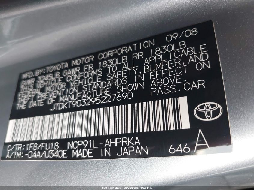 2009 Toyota Yaris VIN: JTDKT903295227690 Lot: 43316662