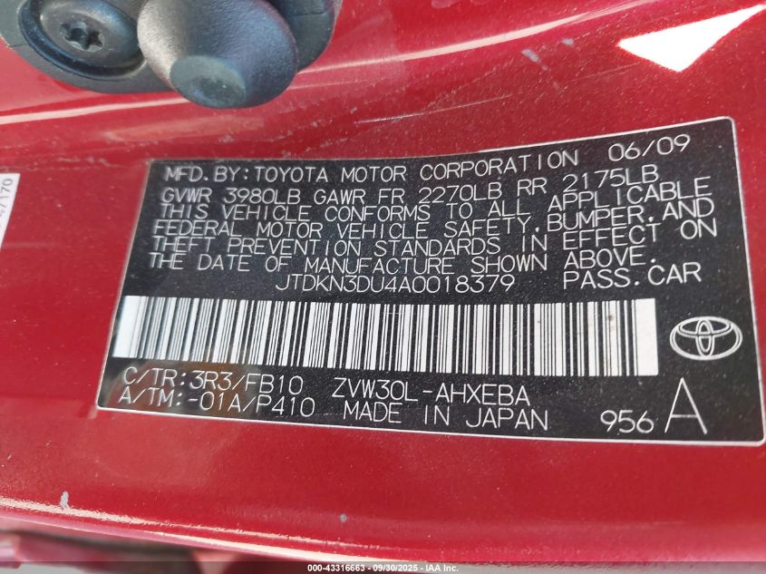 2010 Toyota Prius Ii VIN: JTDKN3DU4A0018379 Lot: 43316663