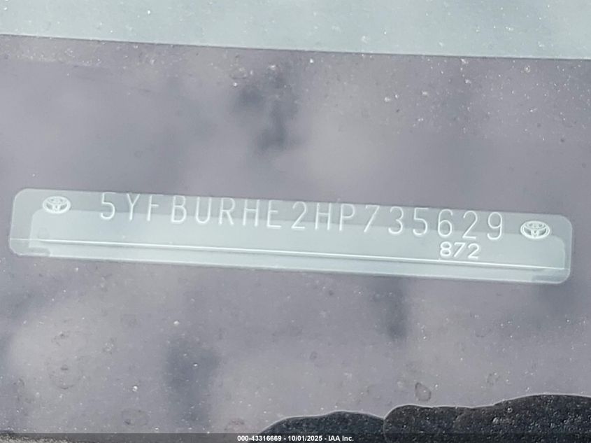 2017 Toyota Corolla Le VIN: 5YFBURHE2HP735629 Lot: 43316669