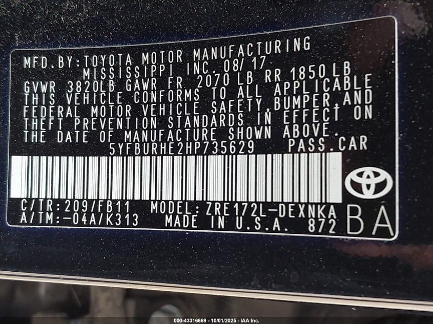 2017 Toyota Corolla Le VIN: 5YFBURHE2HP735629 Lot: 43316669