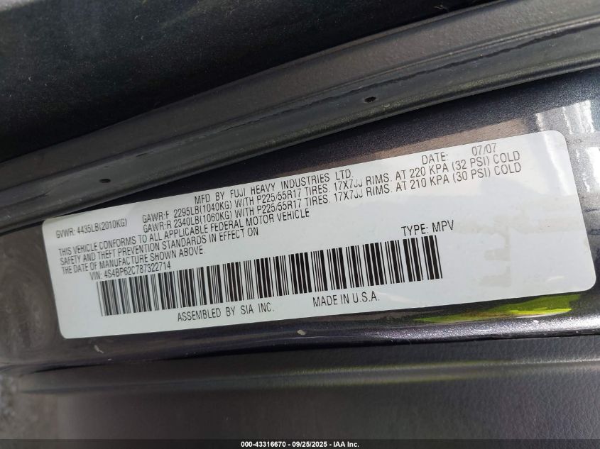 2008 Subaru Outback 2.5I Limited/2.5I Limited L.l. Bean Edition VIN: 4S4BP62C787322714 Lot: 43316670