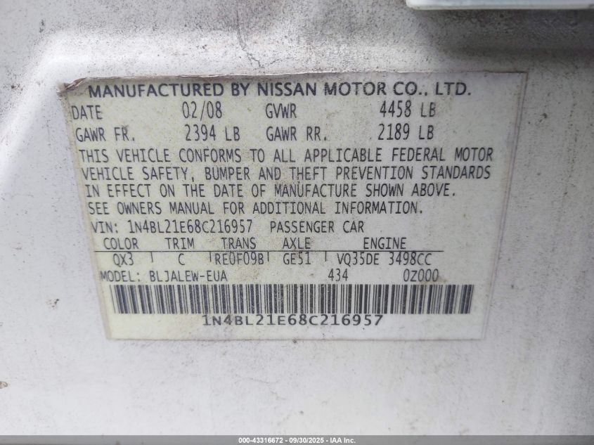2008 Nissan Altima 3.5 Sl VIN: 1N4BL21E68C216957 Lot: 43316672