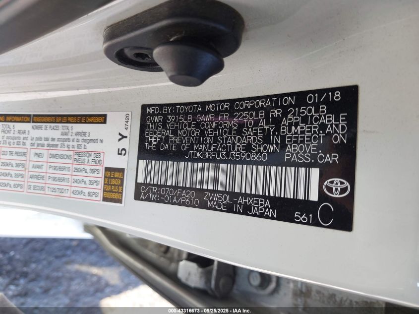 2018 Toyota Prius Two VIN: JTDKBRFU3J3590860 Lot: 43316673