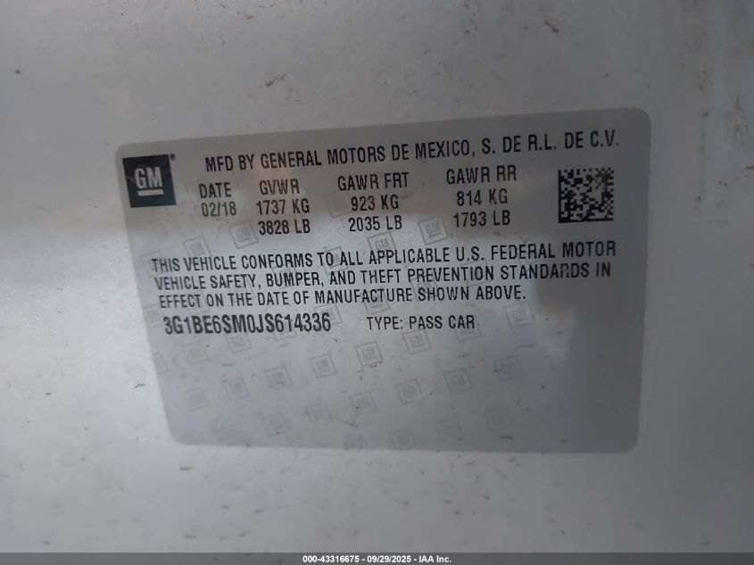 2018 Chevrolet Cruze Lt Auto VIN: 3G1BE6SM0JS614336 Lot: 43316675