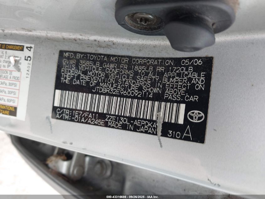 2006 Toyota Corolla Ce VIN: JTDBR32E960092114 Lot: 43316686