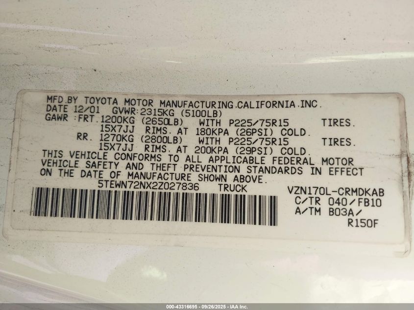 2002 Toyota Tacoma Base V6 VIN: 5TEWN72NX2Z027836 Lot: 43316695