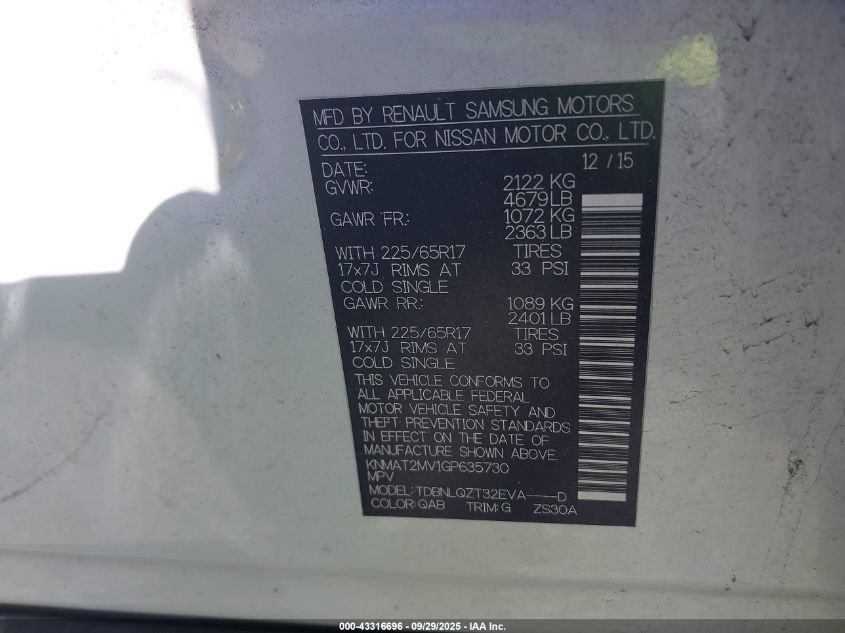 2016 Nissan Rogue Sv VIN: KNMAT2MV1GP635730 Lot: 43316696