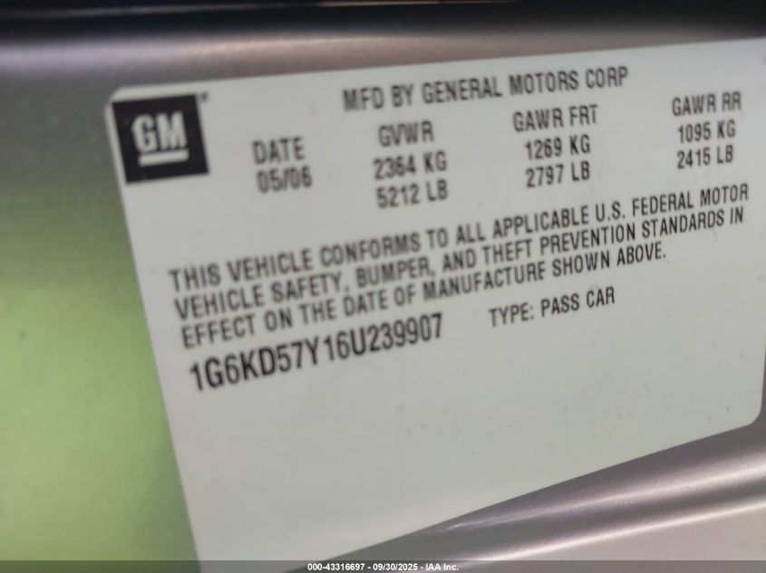 2006 Cadillac Dts Standard VIN: 1G6KD57Y16U239907 Lot: 43316697