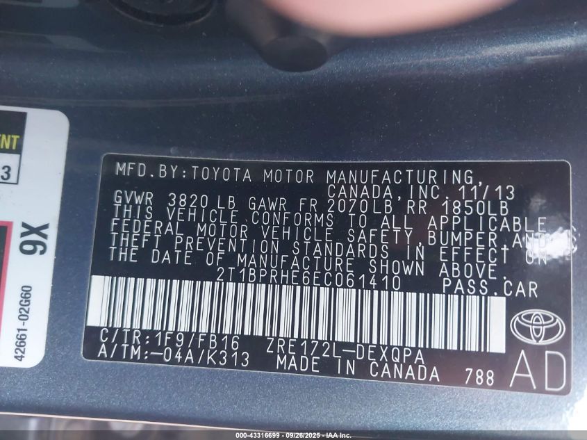 2014 Toyota Corolla Le Eco VIN: 2T1BPRHE6EC061410 Lot: 43316699