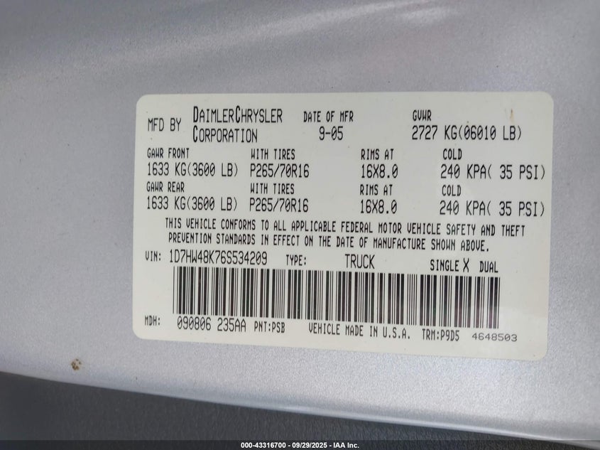 2006 Dodge Dakota Slt VIN: 1D7HW48K76S534209 Lot: 43316700