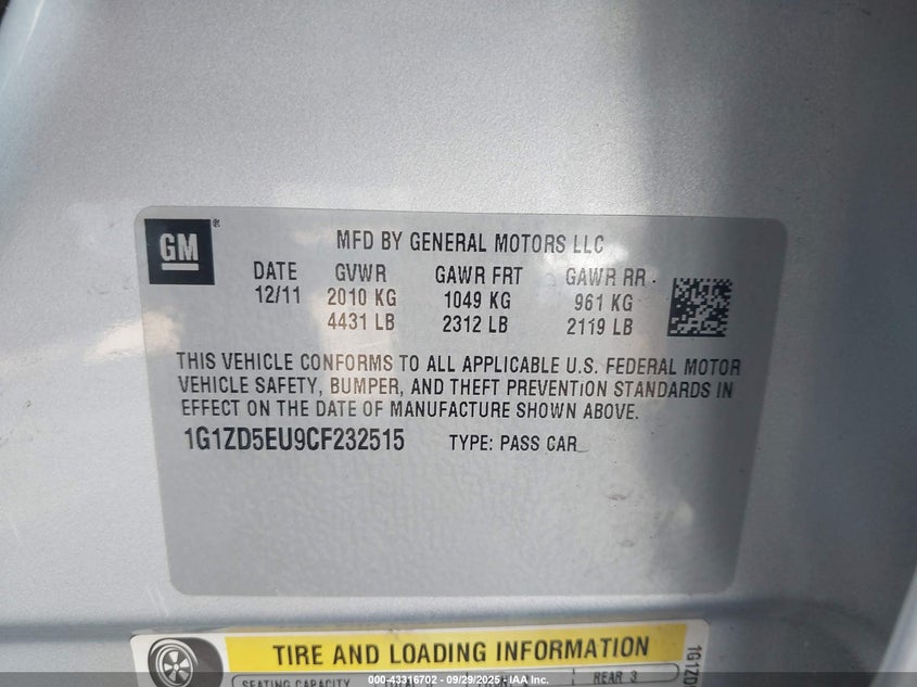 2012 Chevrolet Malibu 2Lt VIN: 1G1ZD5EU9CF232515 Lot: 43316702