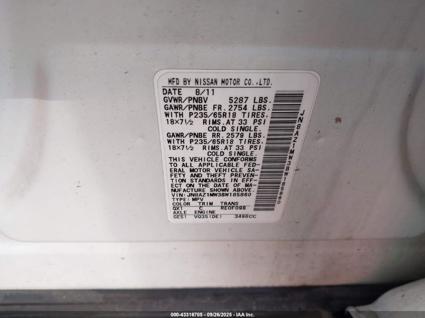 2011 Nissan Murano Sv VIN: JN8AZ1MW3BW185860 Lot: 43316705