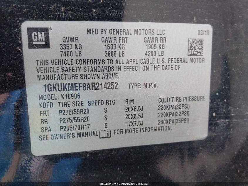 2010 GMC Yukon Xl 1500 Denali VIN: 1GKUKMEF8AR214252 Lot: 43316713