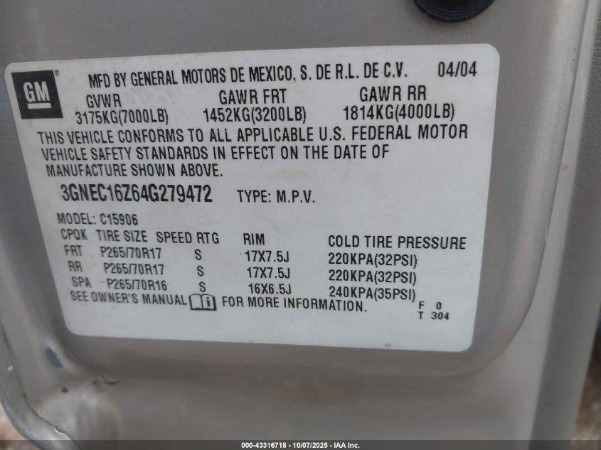 2004 Chevrolet Suburban 1500 Ls VIN: 3GNEC16Z64G279472 Lot: 43316718