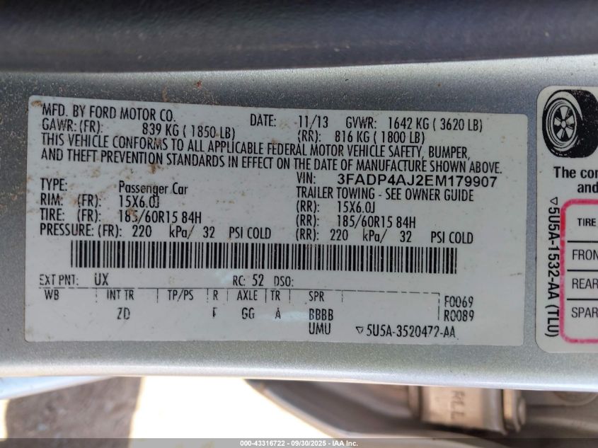 2014 Ford Fiesta S VIN: 3FADP4AJ2EM179907 Lot: 43316722