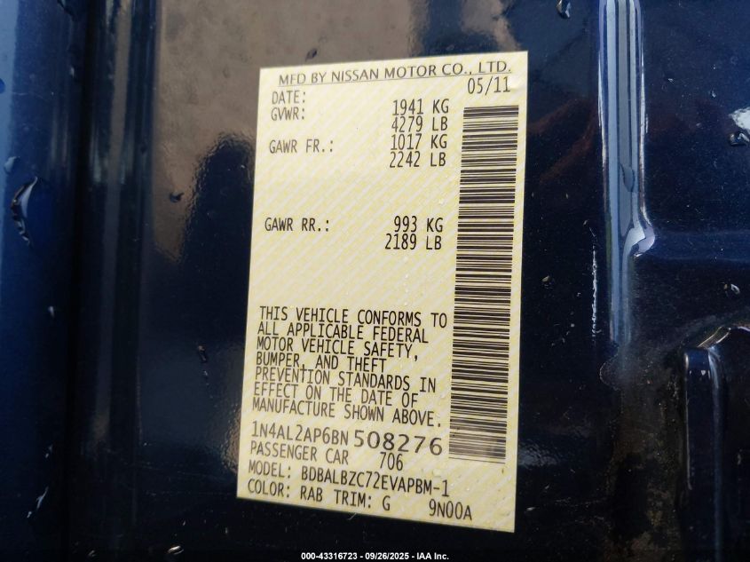 2011 Nissan Altima 2.5 S VIN: 1N4AL2AP6BN508276 Lot: 43316723