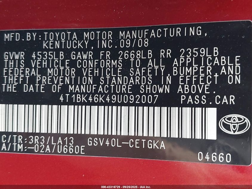 2009 Toyota Camry Xle V6 VIN: 4T1BK46K49U092007 Lot: 43316729