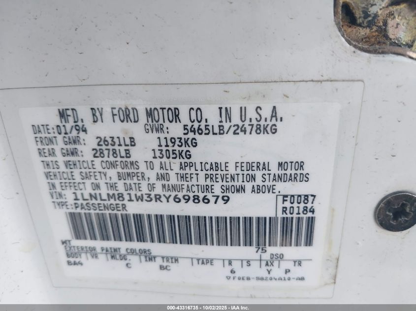 1994 Lincoln Town Car Executive VIN: 1LNLM81W3RY698679 Lot: 43316735