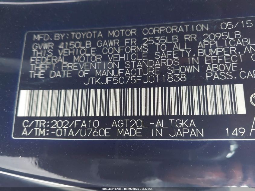 2015 Scion Tc VIN: JTKJF5C75FJ011838 Lot: 43316738