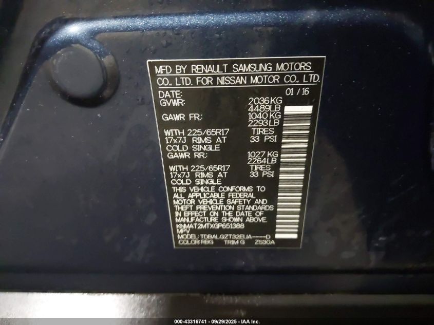 2016 Nissan Rogue Sv VIN: KNMAT2MTXGP651388 Lot: 43316741