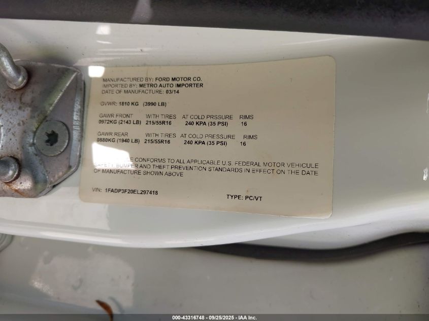 2014 Ford Focus Se VIN: 1FADP3F20EL297418 Lot: 43316748