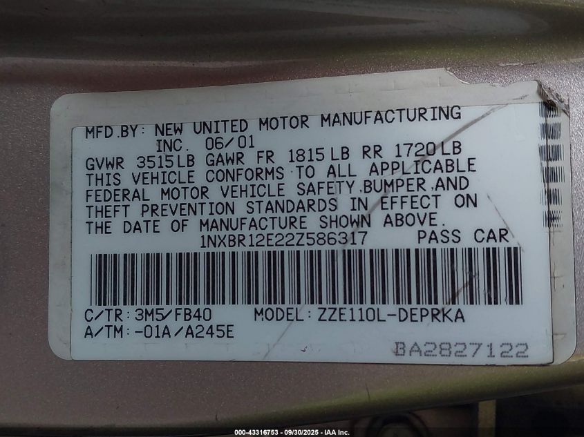 2002 Toyota Corolla Ce VIN: 1NXBR12E22Z586317 Lot: 43316753